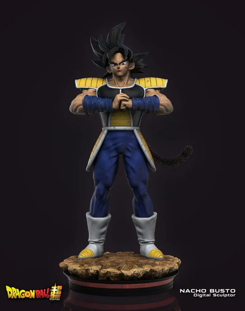 Bardock Dragon Ball statue in Saiyan armor on a rocky display base