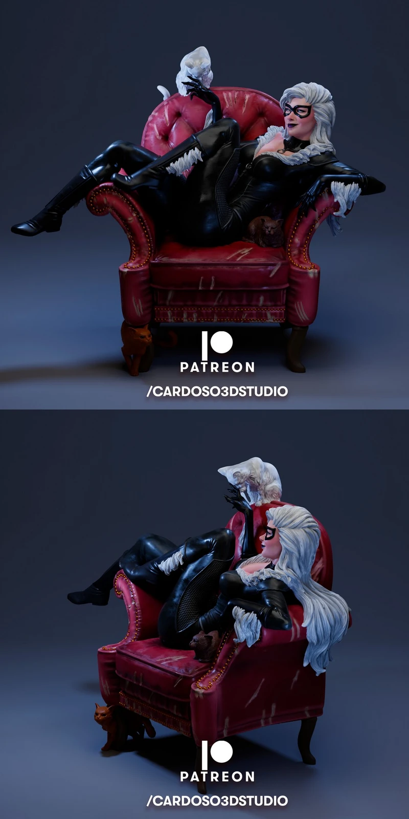 Marvel Black Cat reclining in a red tufted chair with cats