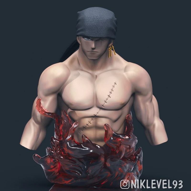 Roronoa Zoro One Piece bust with chest scars and red-black swirling base