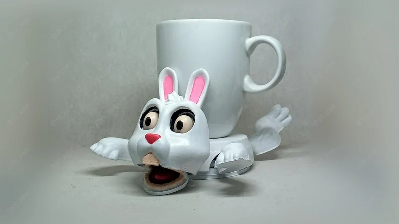 Rabbit-shaped 3D printed cup holder supporting a white mug