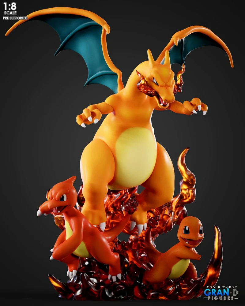 Charmander, Charmeleon and Charizard Pokémon evolution 3D model with flames