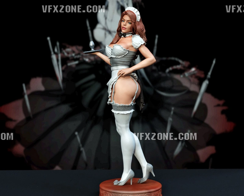 Original character maid woman figure holding a serving tray on a display base