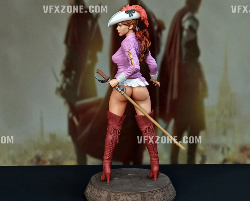 Stylized female musketeer figure with a red plume, sword, and tall boots