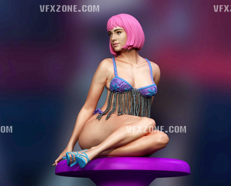 Seated Natali Postman original character figure with pink hair and blue heels