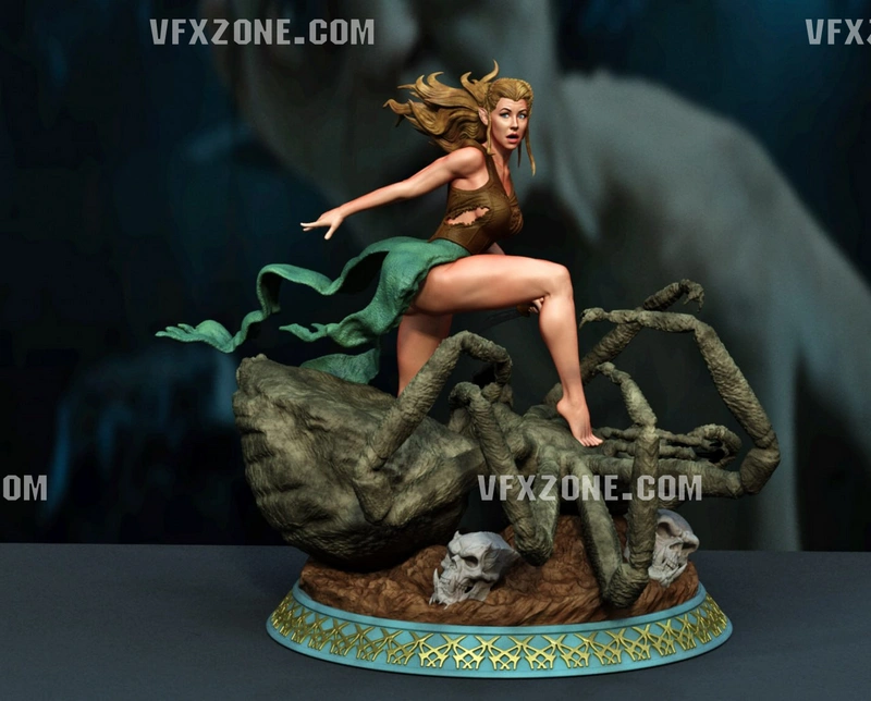 Fantasy elf statue with flowing green fabric, twisted roots and skull details