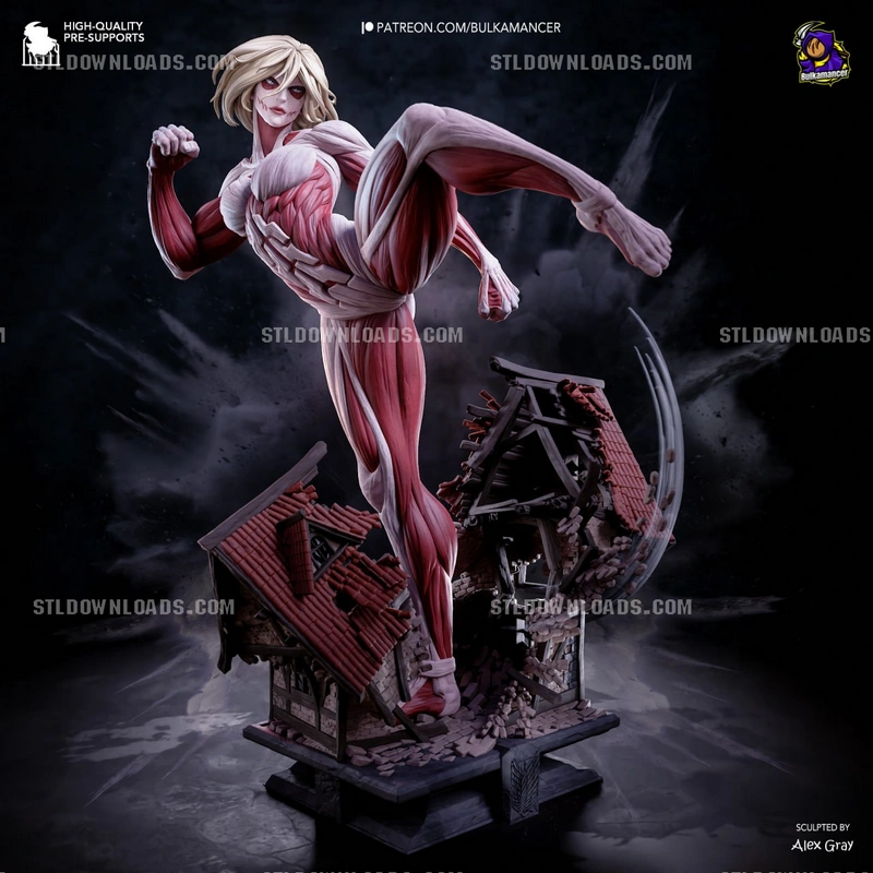 Female Titan statue kicking above a ruined building diorama