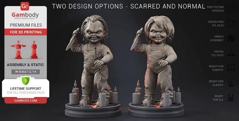 Chucky Child's Play figures with knives and candles on display bases