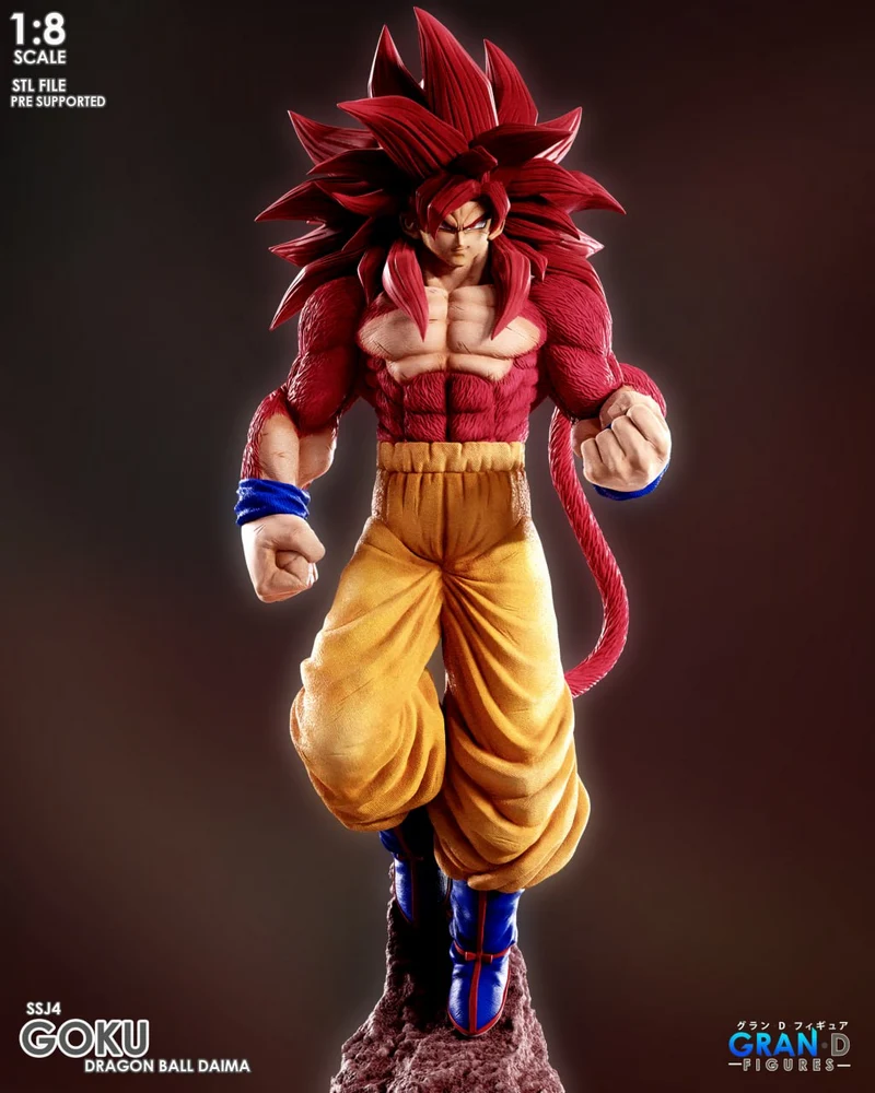 Goku Super Saiyan 4 3D figure with red hair, red fur, yellow pants, blue accents, and a tail
