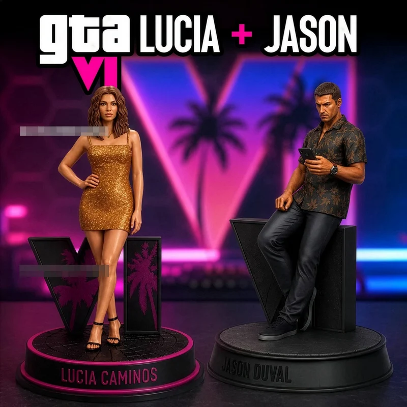 Lucia and Jason from GTA VI as paired character figures on round display bases