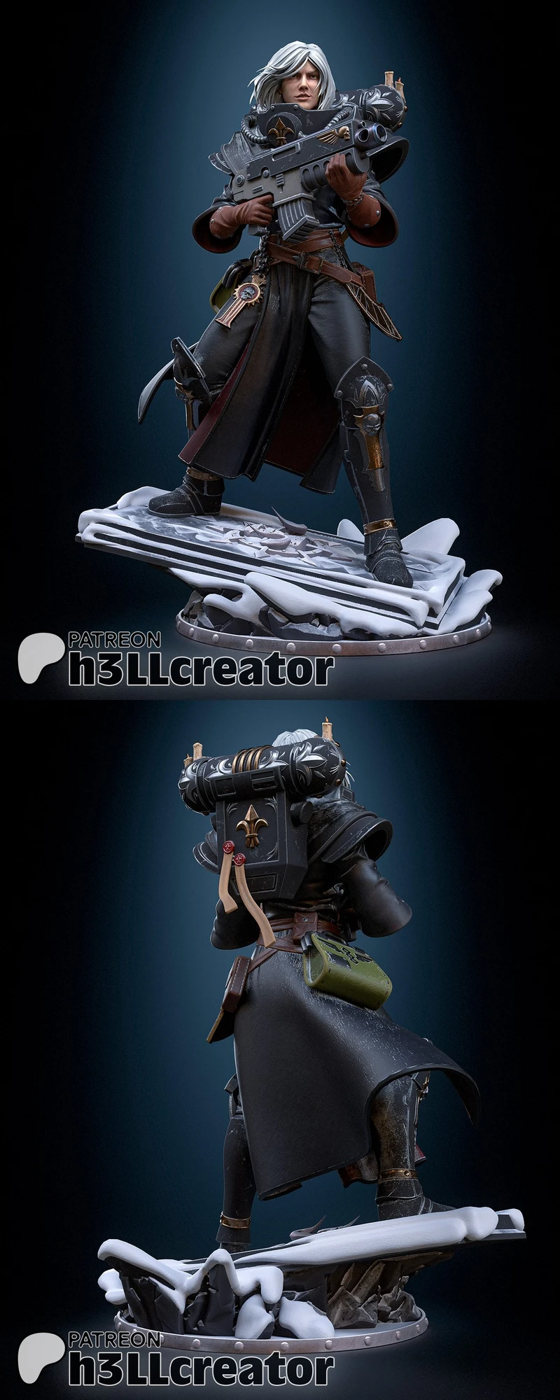 Argenta armored warrior figure with a large firearm on a scenic display base
