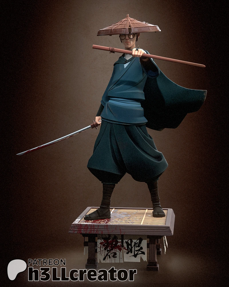 Mizu original character warrior figure with parasol hat, sword, staff, and cape