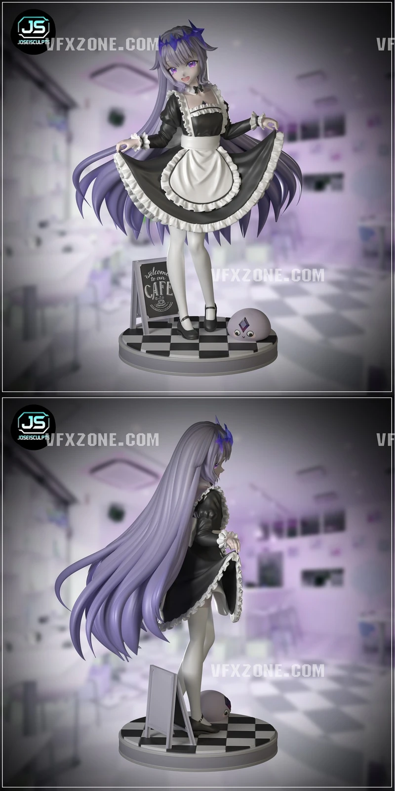 Maid Biboo Hololive figure in a ruffled maid outfit on a checkerboard base