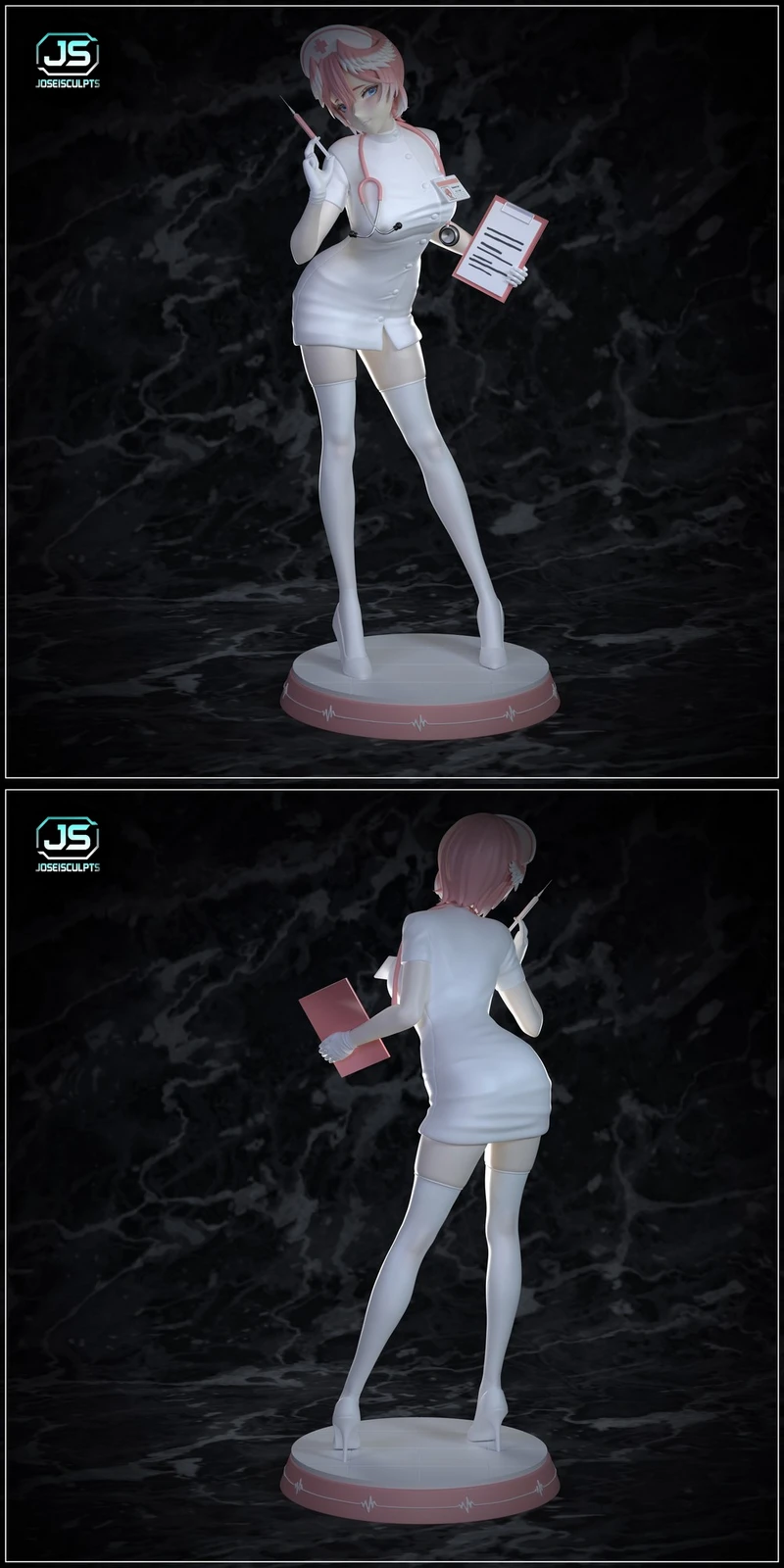 Nurse Lui nurse character figure with pink hair, syringe, clipboard, and display base
