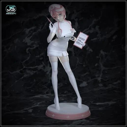 Nurse Lui original character figure with pink hair, nurse uniform, stethoscope, clipboard, and display base