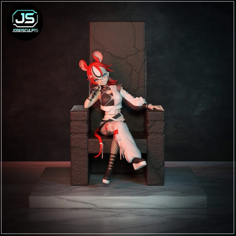 Seated red-haired anime-style character statue with a long tail on a throne