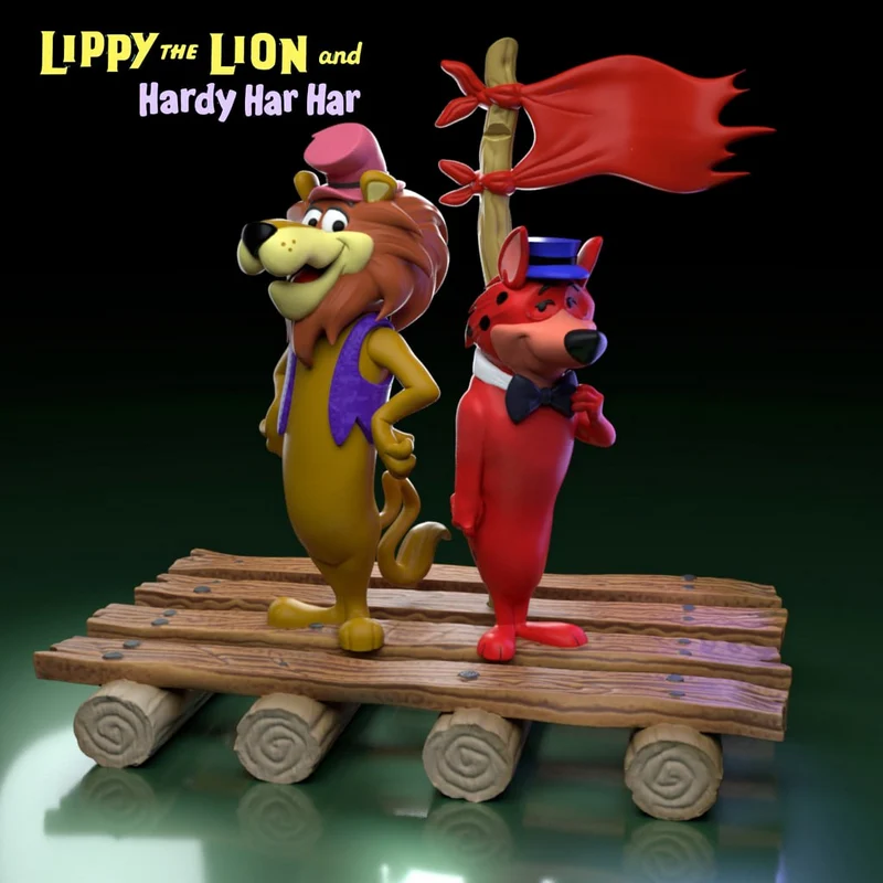 Leone and Volpe lion and red canine figures on a wooden platform with a flag