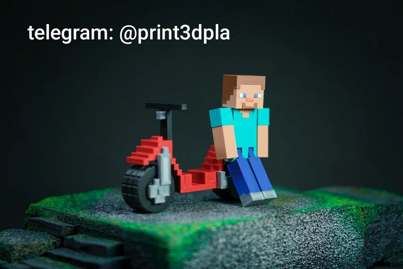 Blocky Minecraft-style Steve figure beside a red scooter with a black front wheel