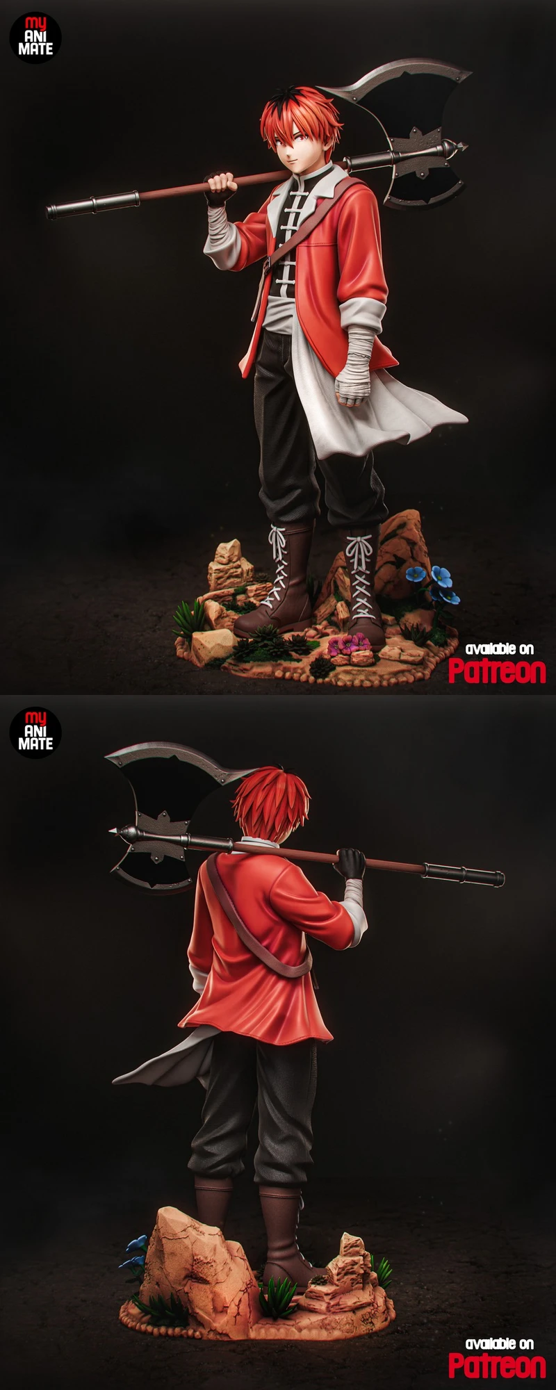 Red-haired character statue in a red coat holding a large double-headed axe