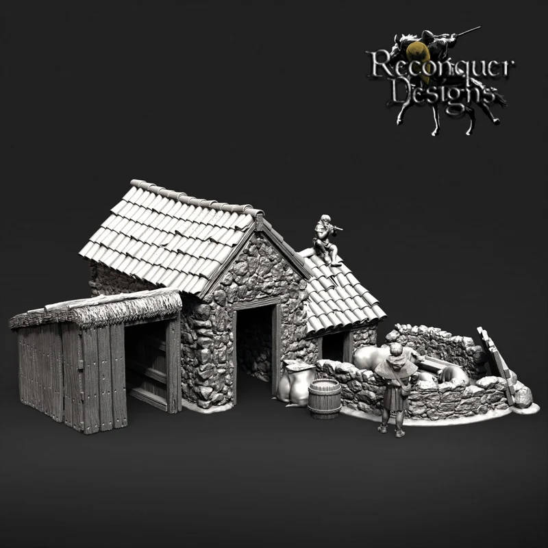 Rustic village diorama with tiled roofs, stone walls, timber shelter and miniature figures