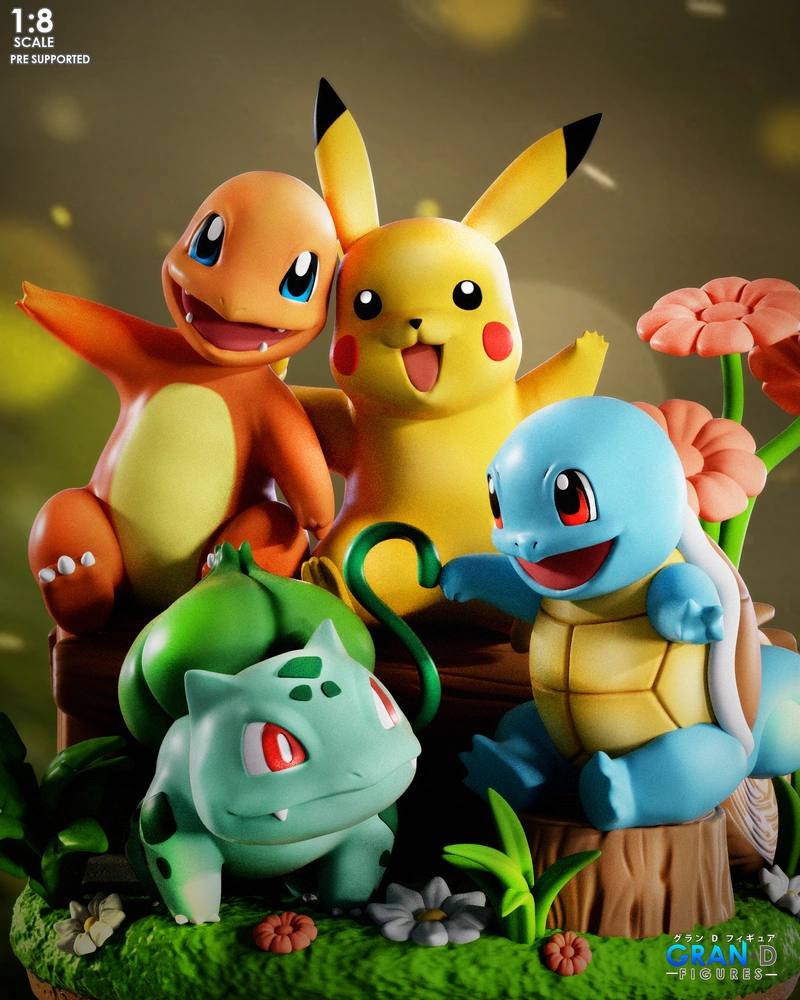 Pokémon display figure featuring Pikachu, Charmander, Squirtle, and Bulbasaur