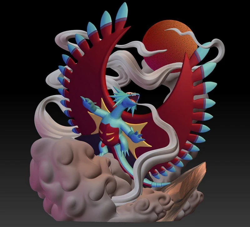 Colorful Roaring Moon Pokémon figure with red spined wings and white tendrils