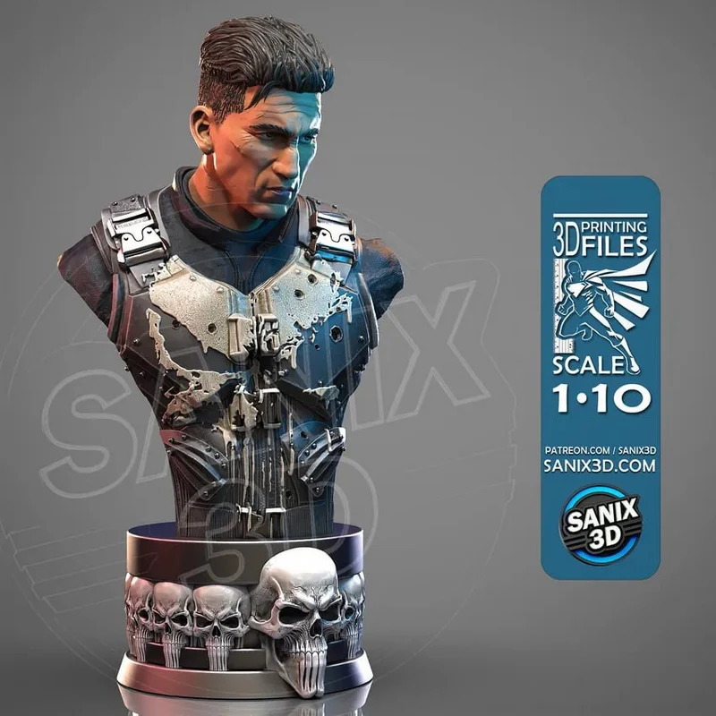 Marvel Punisher armored bust with a skull-decorated display base