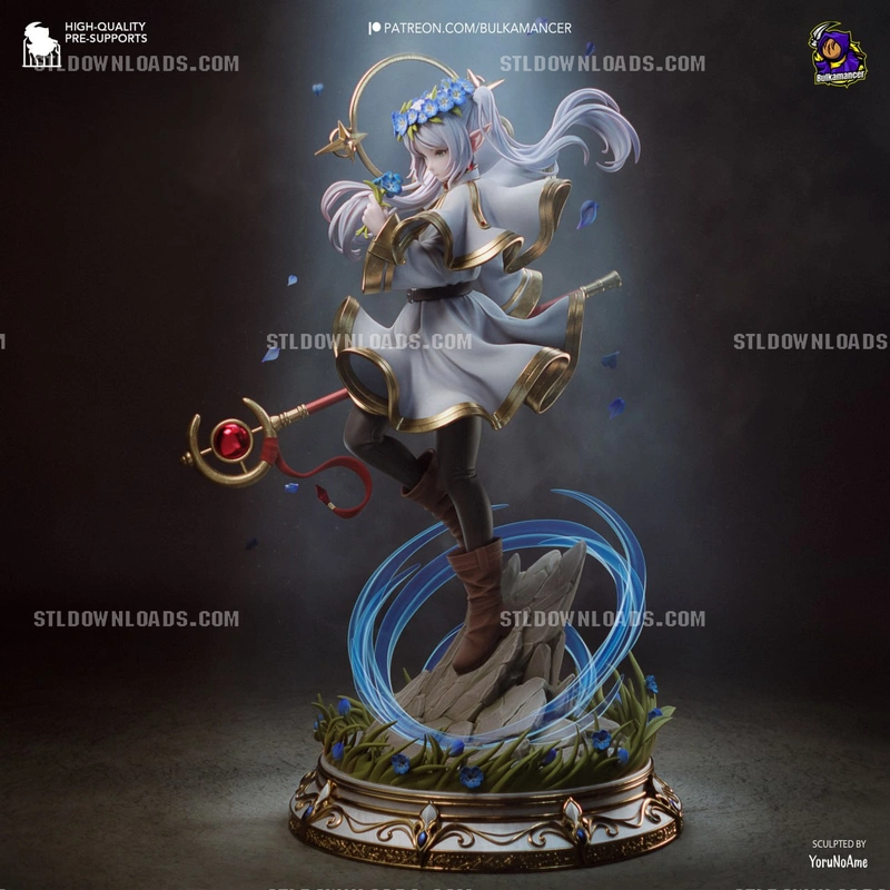 Fantasy mage character figurine with staff, sword, flowers, and ornate display base