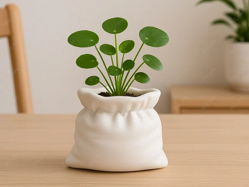 Sacco sack-shaped planter with a gathered rim and a green leafy plant
