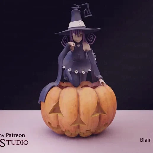 Blair from Soul Eater seated on a pumpkin in a witch costume
