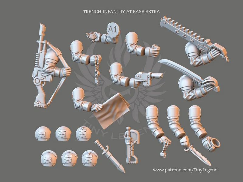Armored trench infantry miniature parts with helmets, weapons, arms and flags