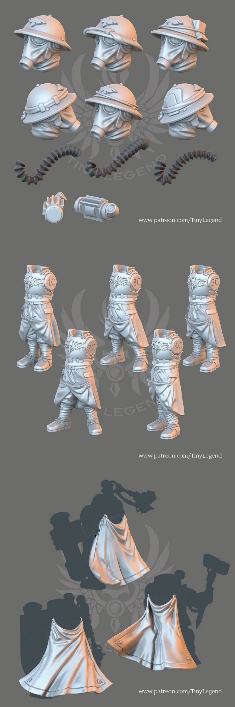 Fantasy tabletop miniatures with masked helmets, armored figures, cloaks, and accessories