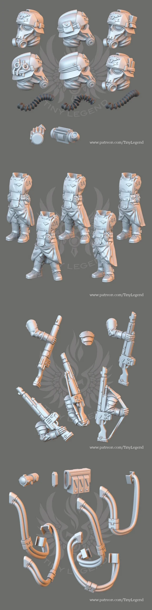 Armored sci-fi tabletop miniature parts with helmets, bodies, weapons, cables, and accessories