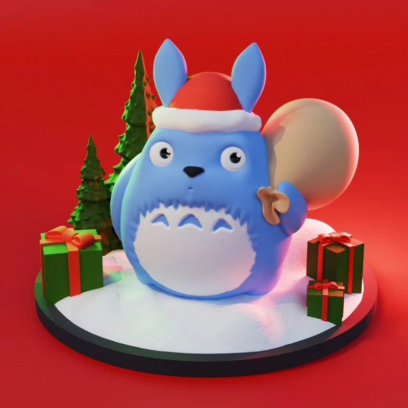 Totoro Christmas figure wearing a Santa hat with gifts and trees