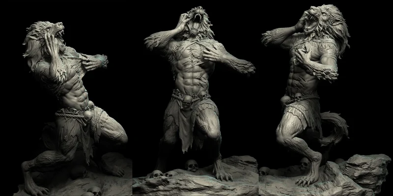 Fantasy werewolf creature figure with fur, claws, tail, and rocky base