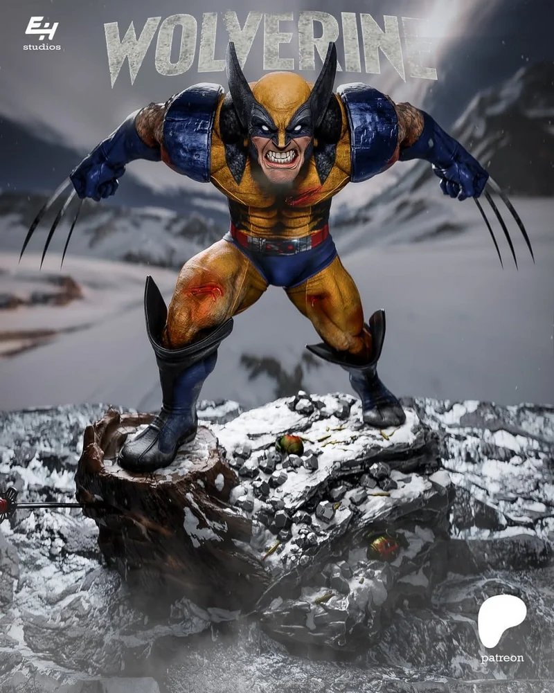 Wolverine statue in a crouched pose with claws extended on a rocky base