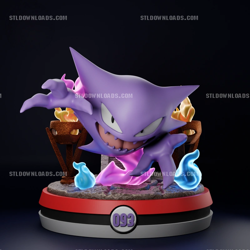 Haunter Pokémon 3D model with blue flames, torches, and display base
