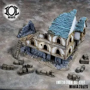 Fantasy ruined building terrain with blue tiled roof, rubble, crates, and barrels