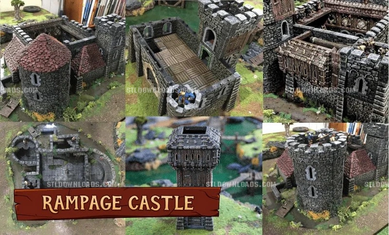 Rampage Castle 3D model with stone towers, red roofs, and a wooden gatehouse