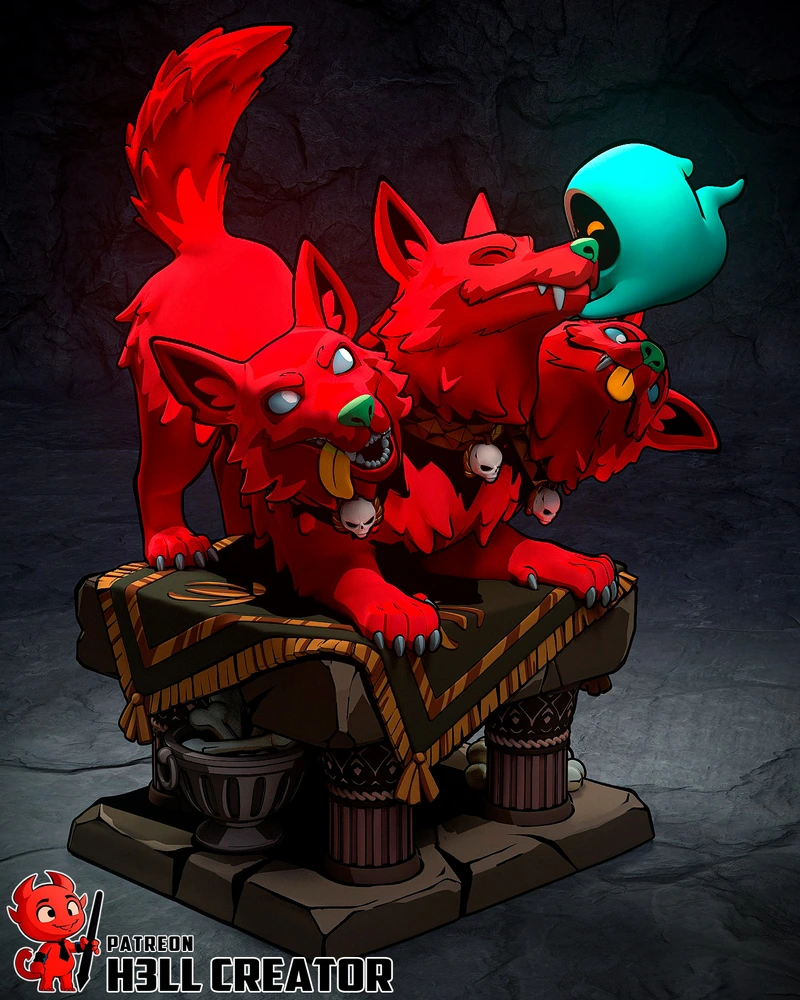 Three-headed red Cerberus character statue with skull details on an ornate pedestal
