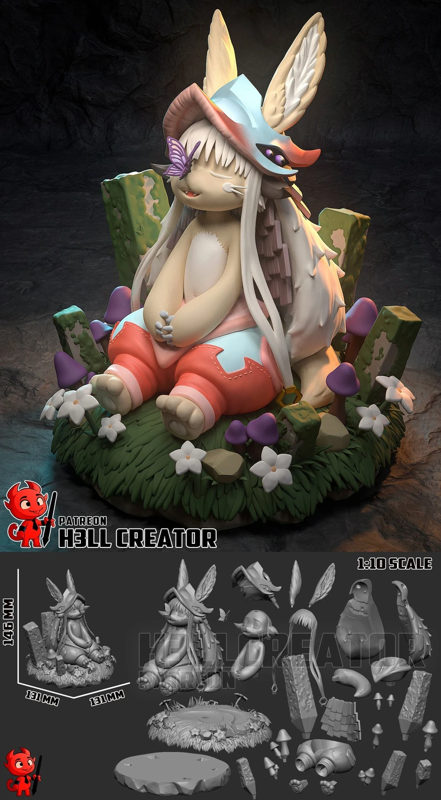 Nanachi from Made in Abyss seated on a leafy base with flowers and mushrooms