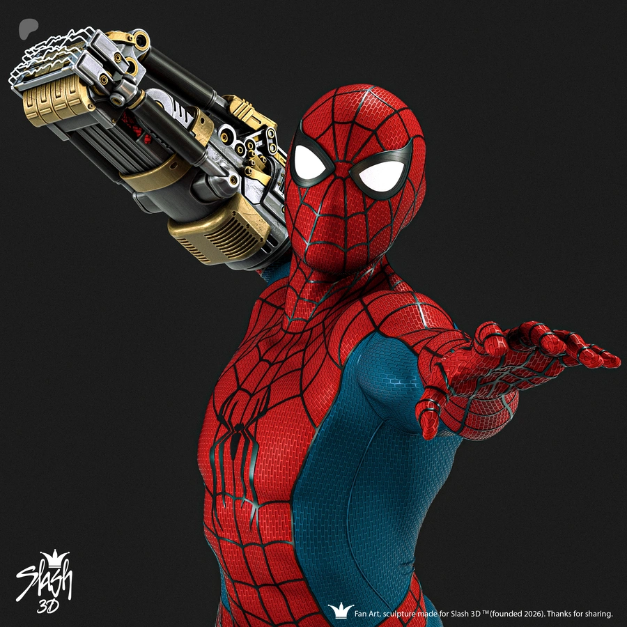 Spider-Man 3D model in a web-patterned suit with a mechanical apparatus