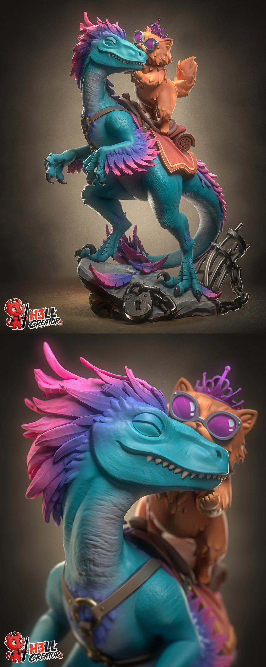 Turquoise fantasy dragon with a goggle-wearing orange cat companion on a decorated base