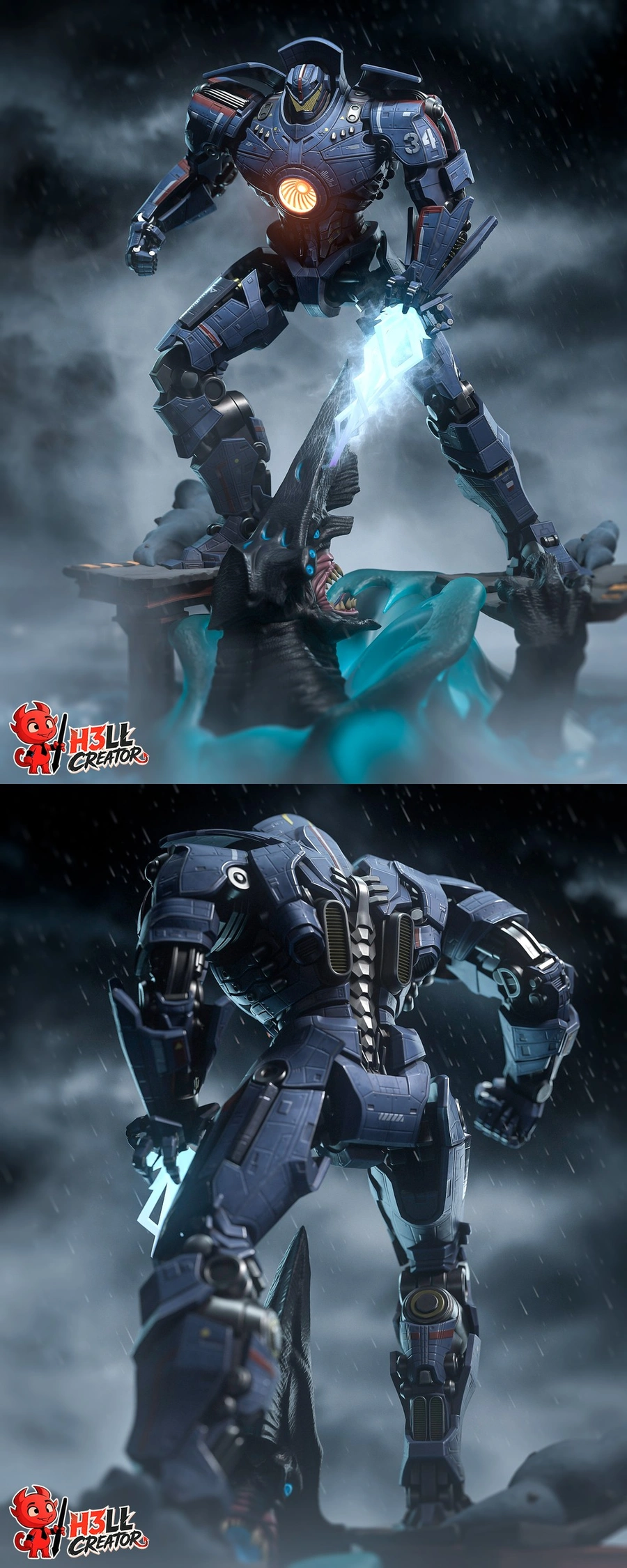 Armored blue-gray robot standing over a horned creature in a dramatic diorama