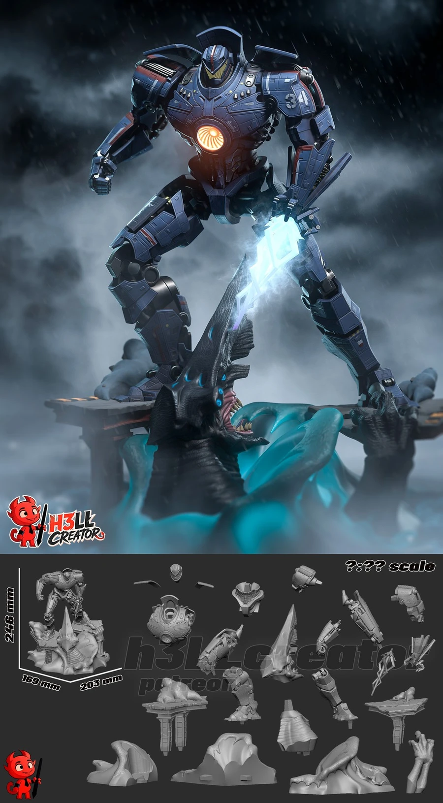 Gipsy Danger Pacific Rim robot statue with kaiju display base