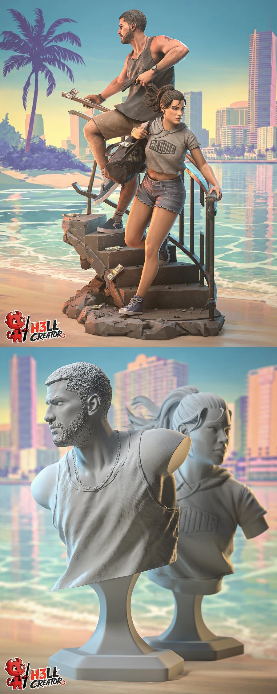 Jason and Lucia from Grand Theft Auto VI shown as a paired statue and character busts