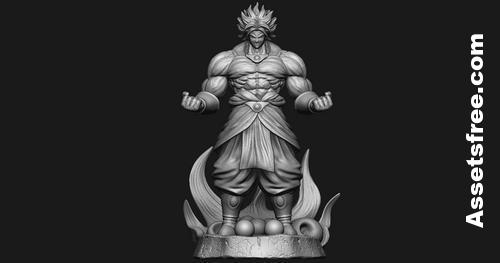 Muscular Broly statue with spiked hair, layered skirt, and a decorative base.