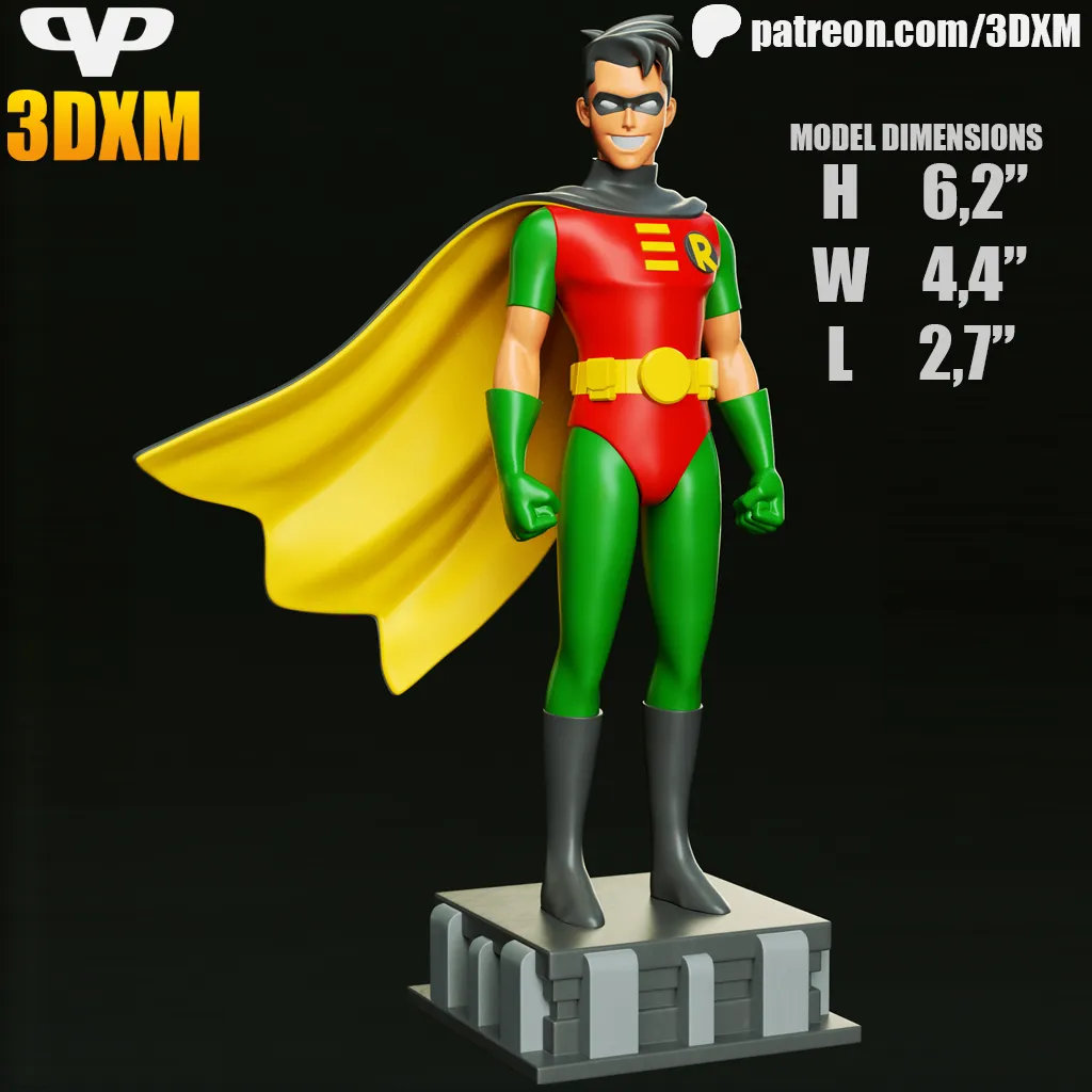 Masked Robin-style superhero statue with a yellow cape on a decorative pedestal