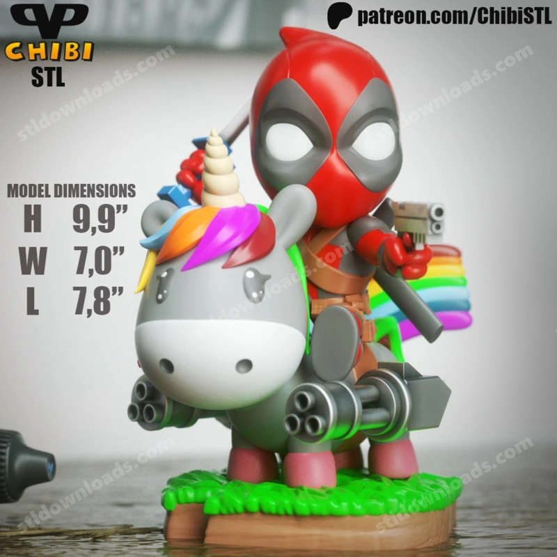 Chibi Deadpool riding a colorful unicorn with rotary-style guns on a green display base