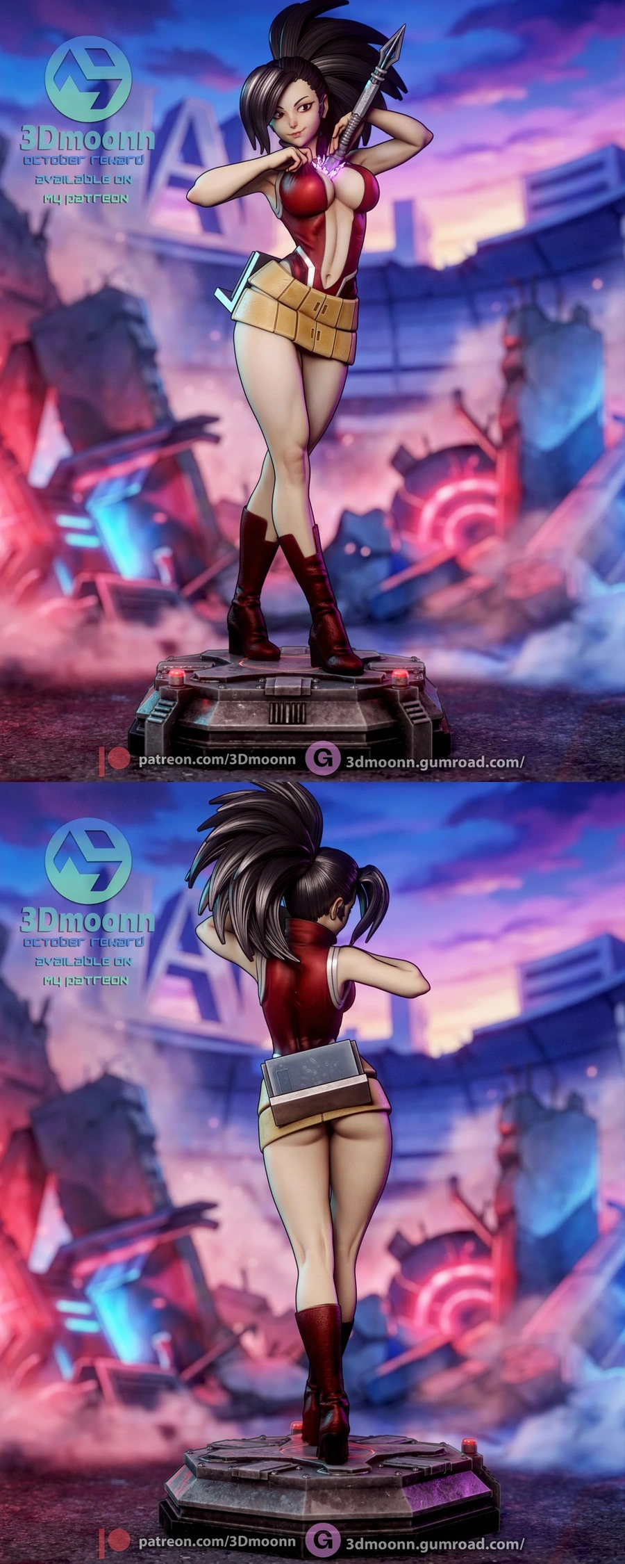 Stylized female character with spear, utility belt, boots, and futuristic display base