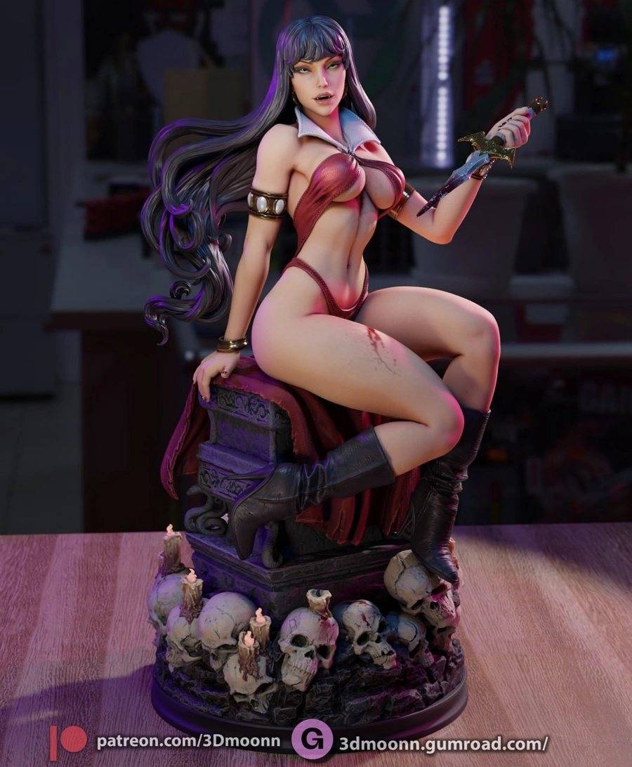 Seated fantasy female figure with sword on a skull-covered pedestal